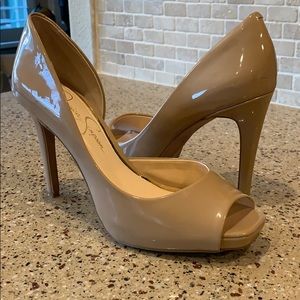 Patent leather nude peep toe stiletto heels